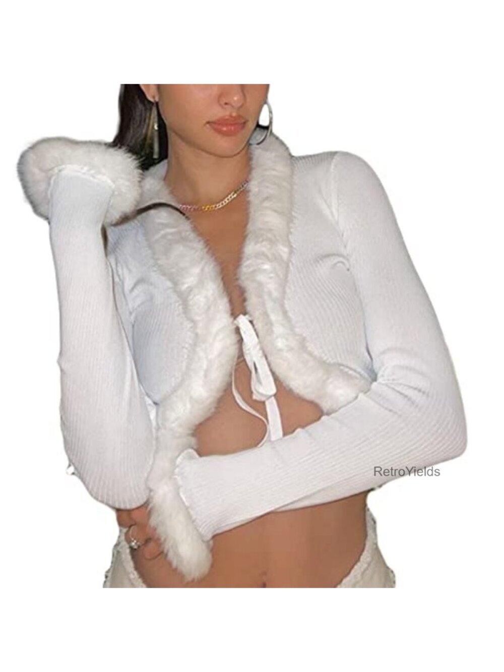 Furry Cropped Cardigan Tie Front Long Sleeve Fur Trim Sweater Party Top